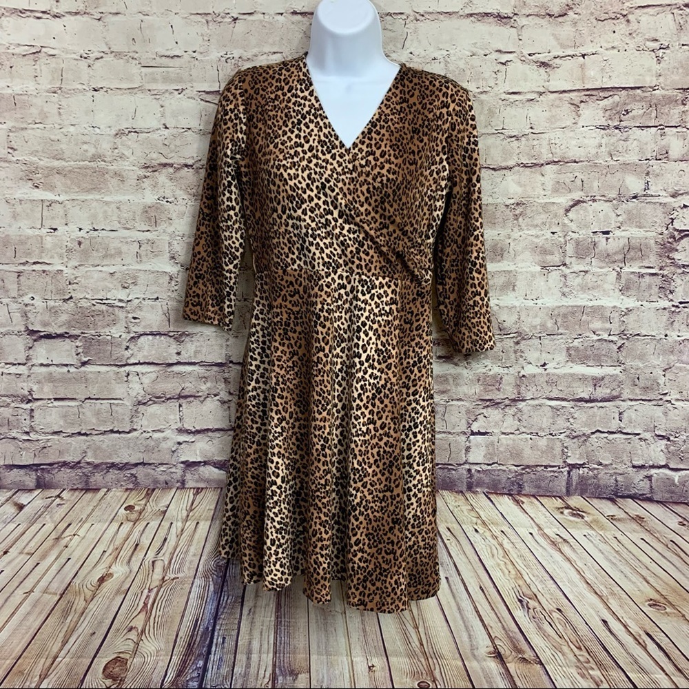 Lark & Ro Black Brown Faux Wrap Animal Print 3/4 Sleeve Dress